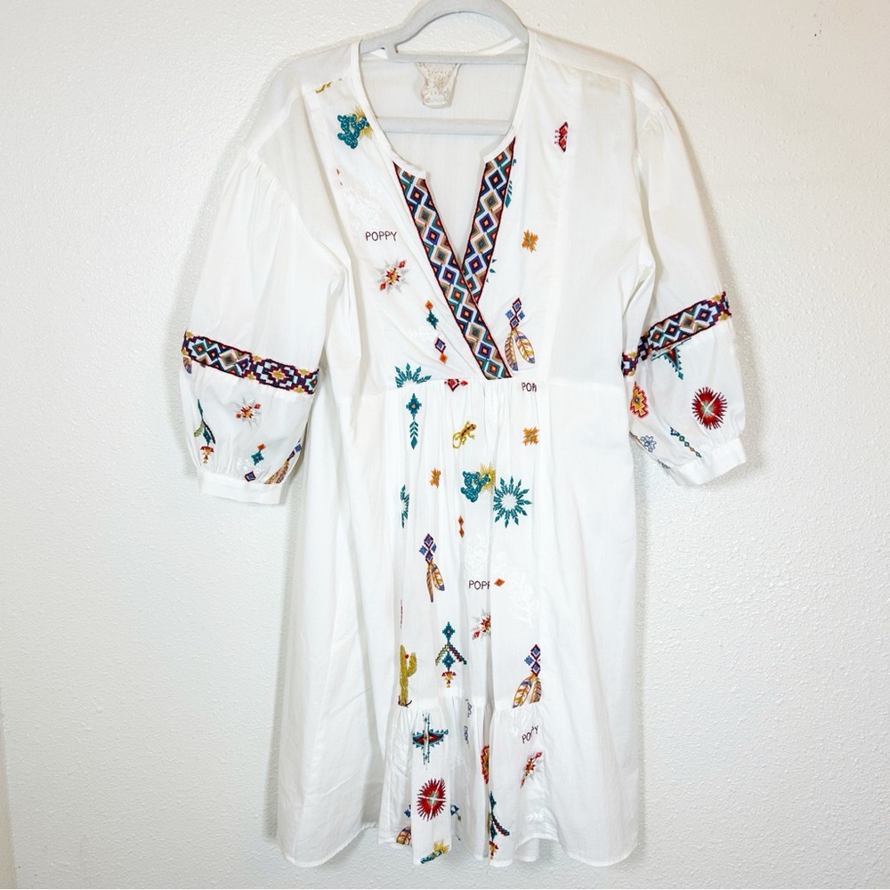 Johnny Was White Embroidered Southwestern Print Dress M Boho Bohemian Spring